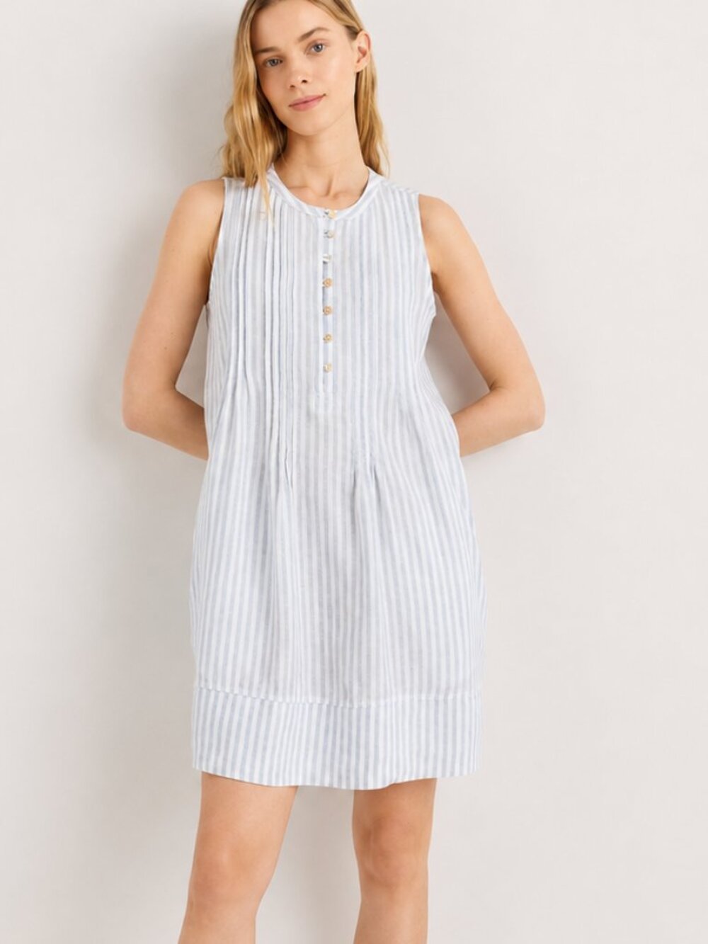 Quince Blue White Stripe 100% Linen Sleeveless Dress Size S